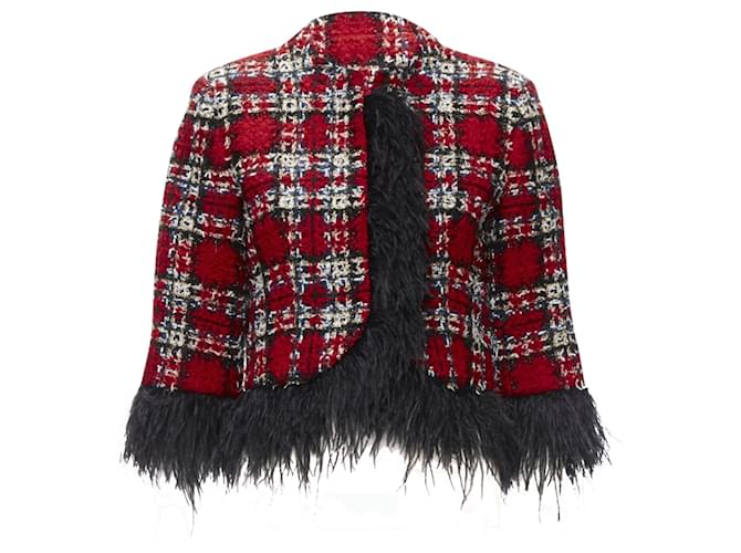 Autre Marque Halpern tweed feather trim cropped jacket Red Wool  ref.1904800