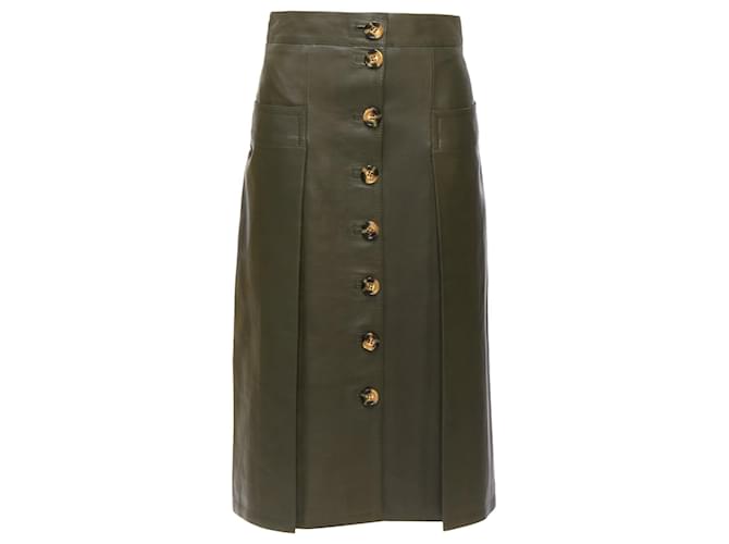 Autre Marque Dodo Bar Or genuine leather shell button pocketed pleated skirt Green  ref.1905075