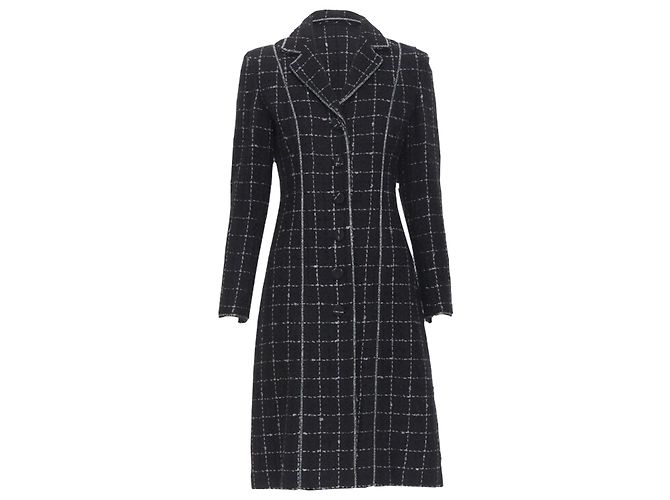 Luisa Beccaria silver check glitter tweed embellished long coat Black