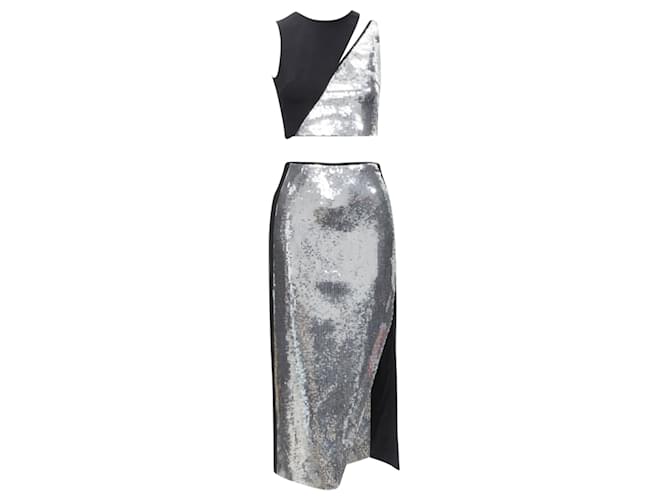 David Koma silver sequins midriff crop top asymmetric high slit skirt set Silvery Metallic Acrylic  ref.1905981