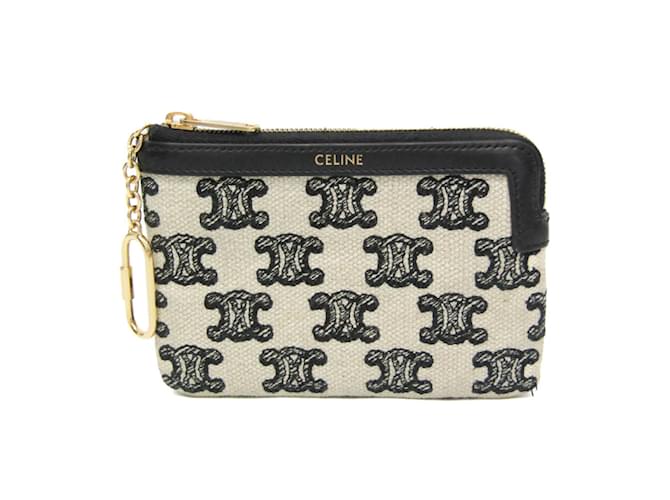 Céline Celine Triomphe Coin and Card Pouch with Keychain Black Eggshell Leather Cloth  ref.1906508