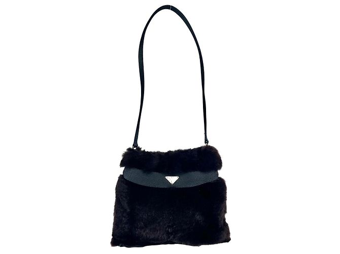 PRADA Mini Bolsa de Ombro em Pêlo Kolinsky Acabamento em Seda Preto