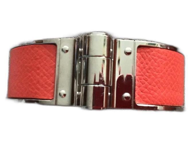 Pulseira de dobradiça Hermès em aço de paládio e couro Epson rosa