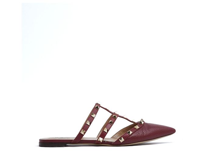 Valentino Garavani Valentino Rockstud Mules EU38.5 Dunkelrote Lederflats Schuhe UK5.5 US8 Bordeaux