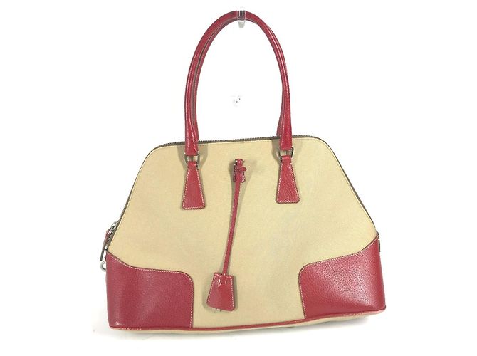 Tote Prada BN0081 Bicolor Triangle Plate Handbag Red Beige
