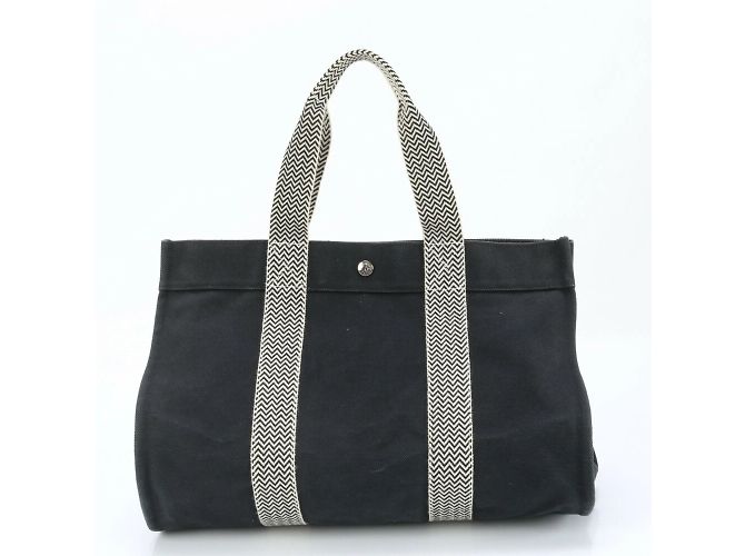 Hermès Hermes Cannes MM Leder-Canvas-Tote-Bag Schwarz