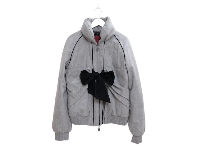 Moncler Gamme Rouge Grey Wool Bow Front Puffer Quilted Jacket
