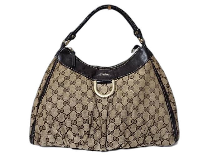 Bolsa hobo Gucci GG em lona e couro D Ring Bege/Marron Marrom