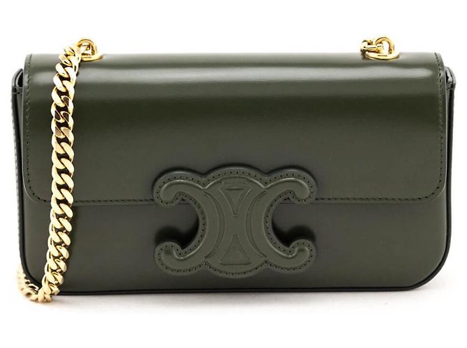 Bolsa de ombro Céline Triomphe Flap Chain couro caqui Verde