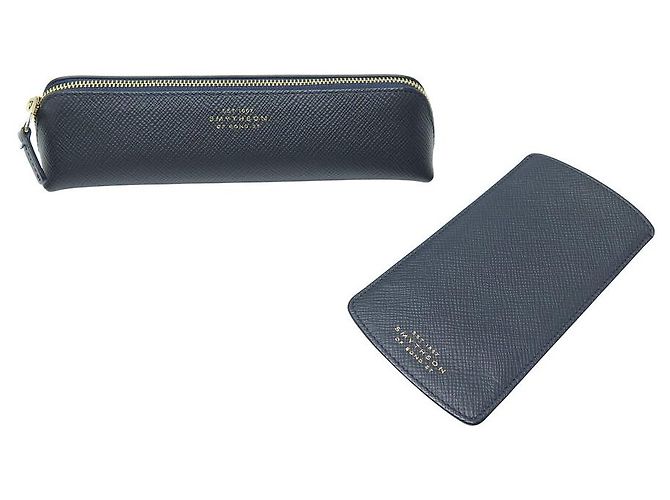 NINE LOT SMYTHSON GLASSES CASE + PANAMA LEATHER POUCH SET Navy blue