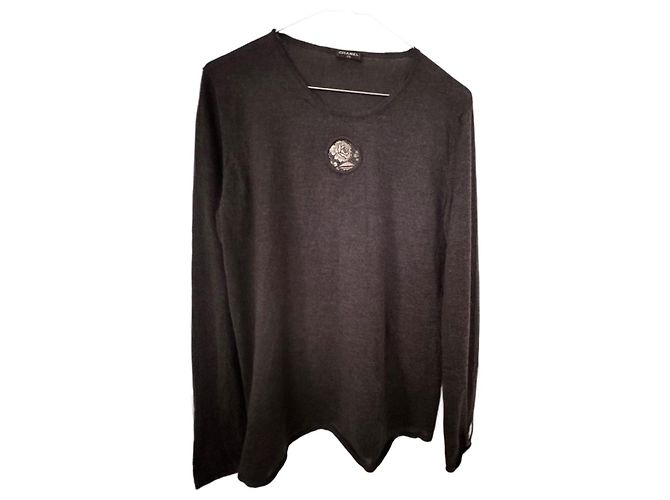 Chanel Langärmeliges Top mit Metallblumendekoren Anthrazitgrau