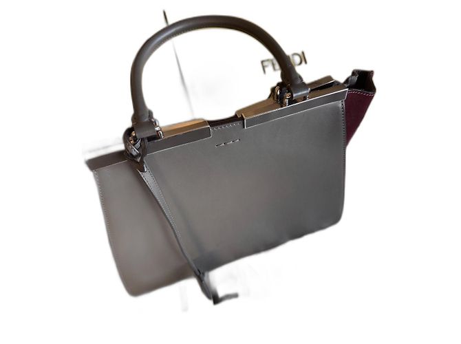 3 Jours Fendi Handtasche Grau Dunkelrot Leder Samt Metall Bordeaux
