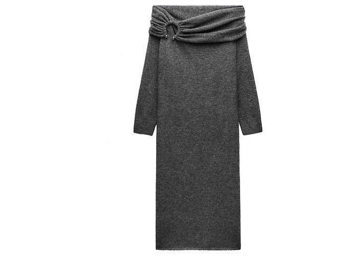Zara Damen Midi-Kleid aus grobem Strick in Grau Größe S