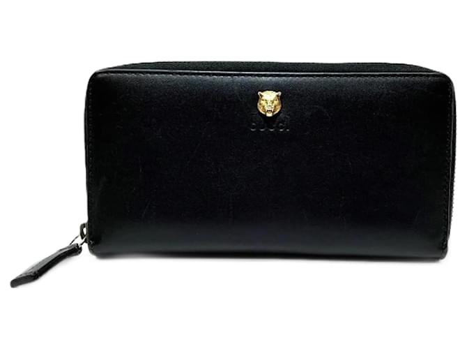 GUCCI Animalier Tiger Round Long Wallet for Men Black Leather  ref.1927225