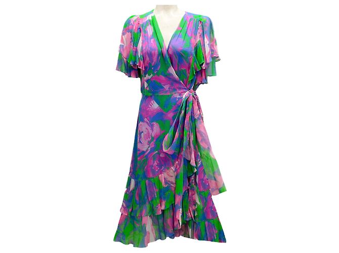 Vestido midi de seda com mangas flutuantes Prabal Gurung azul / rosa / verde Multicor
