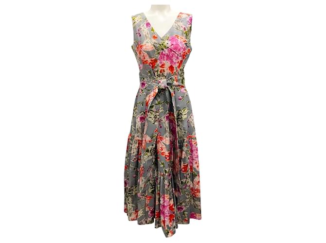 Autre Marque Samantha Sung Soft Grey Millie Fruit Amanda Sleeveless V-Neck Midi Dress Cotton  ref.1929994