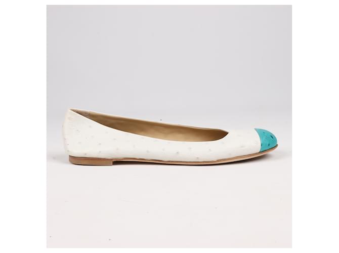 Autre Marque Vicini White and Turquoise Ostrich Leather Ballet Flats - Size 37 EU  ref.1930080