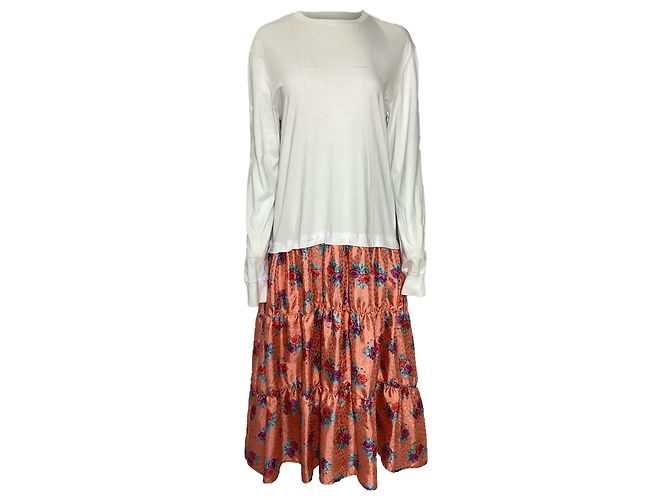 MSGM Floral Printed  Long Sleeve Midi Tiered Dress in Multicolor Polyester Multiple colors