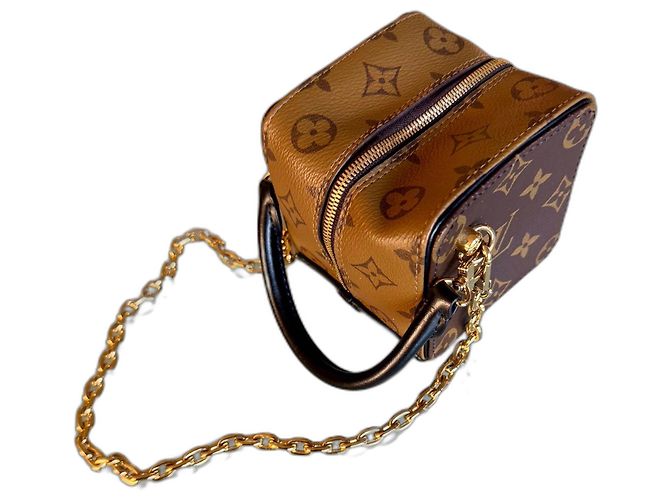 Louis Vuitton Bolsa Mini Cubo Monogram com Corrente de Couro Preto Castanho claro Castanho escuro Monograma