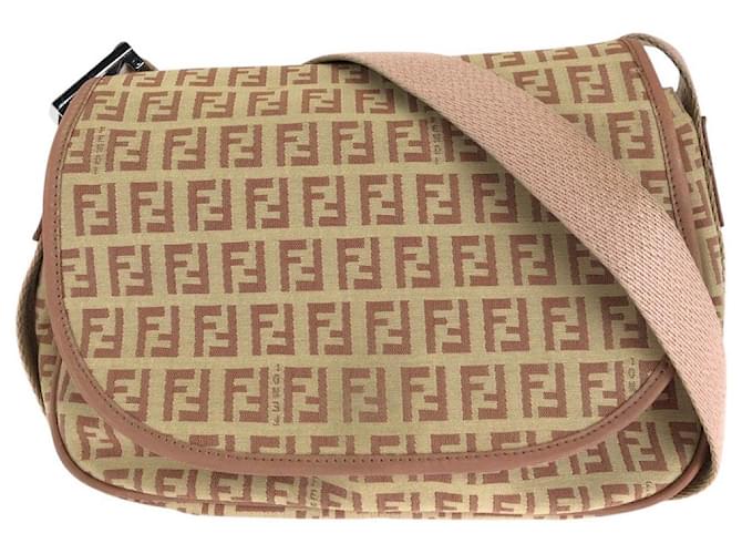 Fendi Zucchino Canvas Leather Shoulder Bag Brown Beige Cloth  ref.1933235