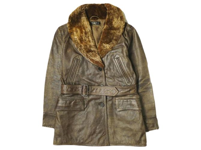 Ralph Lauren Jaqueta de couro de grão integral com colarinho de shearling RRL Castanho escuro