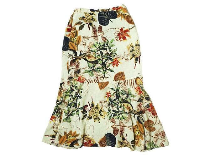 Autre Marque Saia peplum em algodão e linho com estampa botânica S Bege