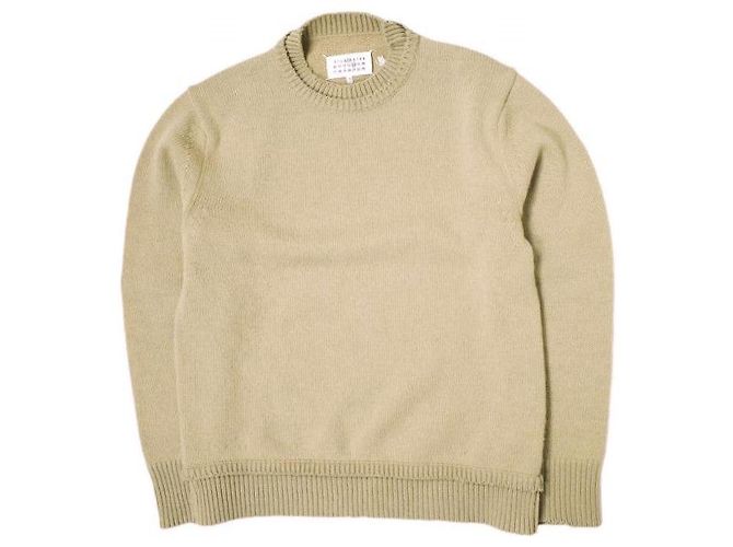 Autre Marque Maison Margiela Rundhals-Pullover aus Baumwolle, Leinen und Wolle mit Ellbogenpatches Beige