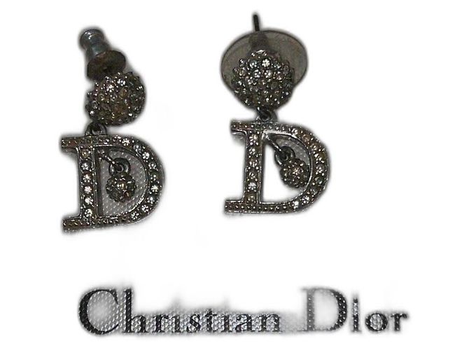 Christian Dior Silberne D Logo Kristall Ohrringe Silber Hardware