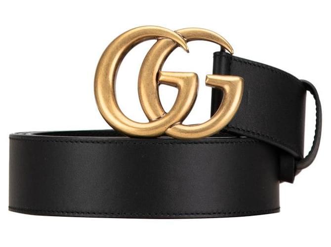 Cinto de couro Gucci com fivela dupla G preta e dourada Preto  ref.1939446