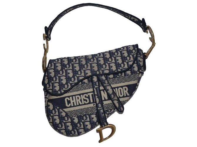 Christian Dior Saddle Tasche Beige Dunkelblau Gold hardware