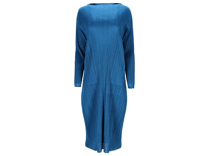 Autre Marque Issey Miyake plissiertes Midi-Kleid mit Bootsausschnitt aus blauer Polyester