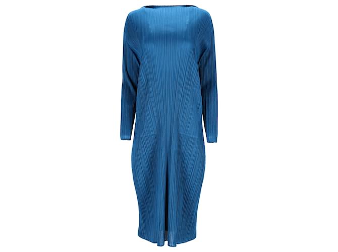Autre Marque Issey Miyake Pleated Midi Boat Neck Dress in Blue Polyester  ref.1941432
