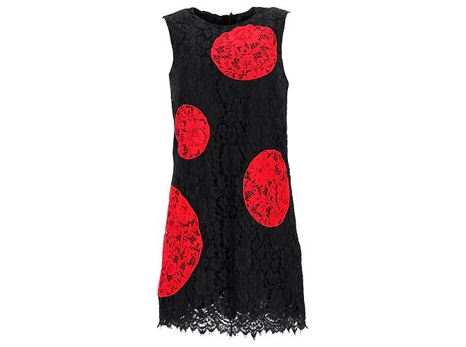 Vestido mini em algodão preto e vermelho com detalhes em renda de bolinhas da Dolce & Gabbana