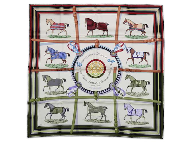 Écharpe en soie Hermès Carré 90 Horse Blanket Rouge Bleu Multicolore  ref.1943492