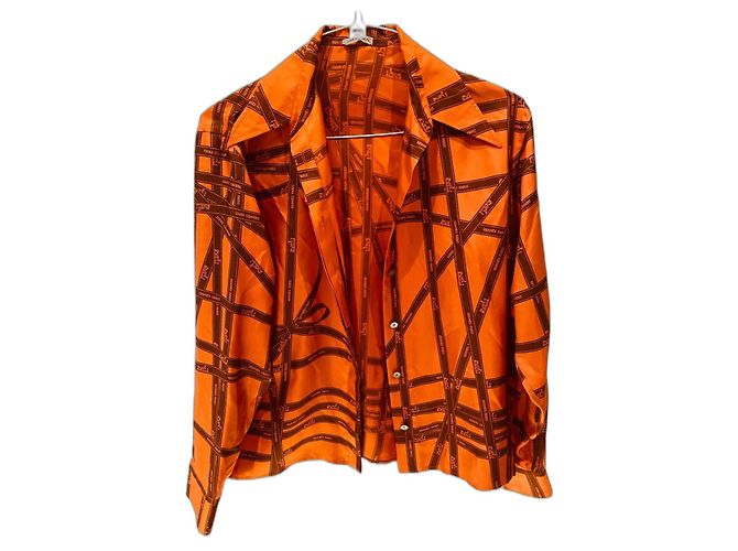 Hermès Camicia Blusa in Seta Marrone Arancione