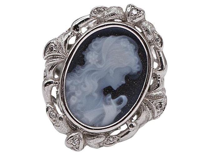 Autre Marque Anel Camafeu em Ouro Branco e Diamantes Preto Prata