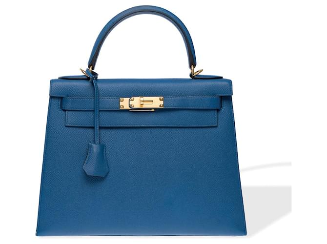 Hermès HERMES Kelly 28 Bag in Blue Leather - 102373  ref.1945890