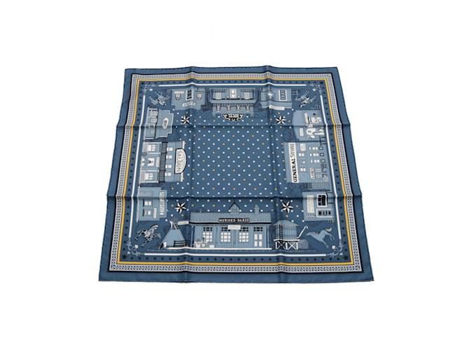 Hermès Écharpe Station Paris Carré 55 Hermes Soie Multicolore Bleu Marine  ref.1945955