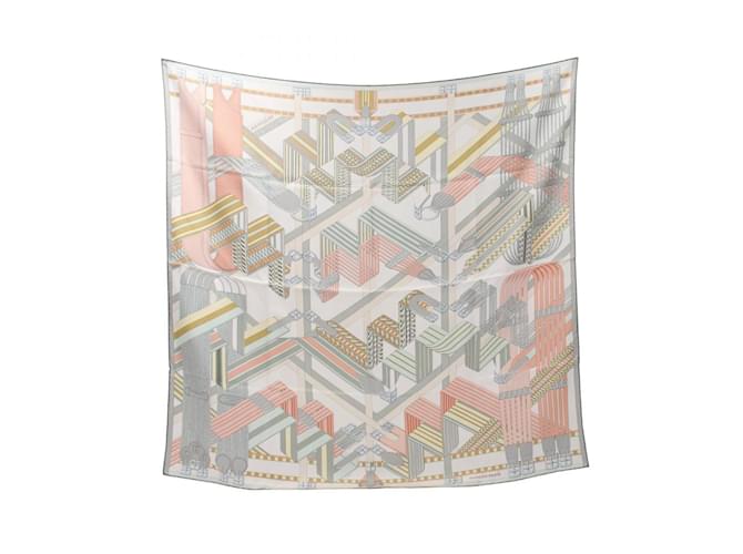 Hermès Écharpe Hermes Carré 90 Sangles en Zigzag Soie Blanc Multicolore  ref.1945994
