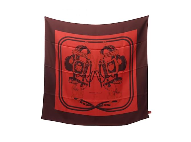 Hermès Écharpe Hermes Carré 90 BRIDES de GALA Soie Marron Rouge  ref.1946062
