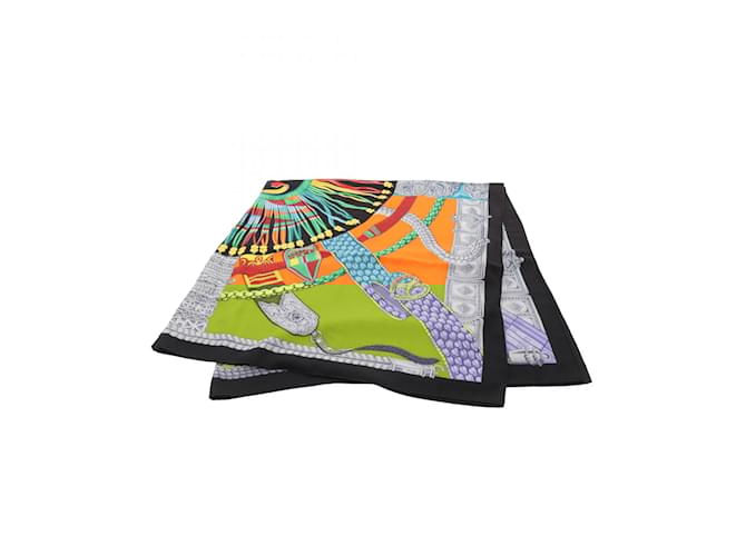 Écharpe Hermès Carré Gean 140 Soie Cachemire Noir Multicolore Orange  ref.1946136