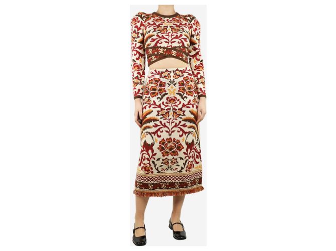 Farm Rio Braun und creme farbiger Jacquard-Pullover und Rock-Set - Größe S