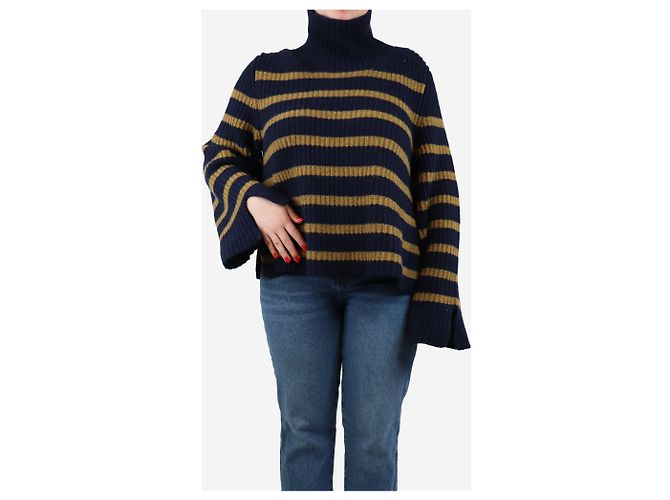 Khaite Dunkelblauer und beiger Cashmere gestreifter Pullover - Größe M