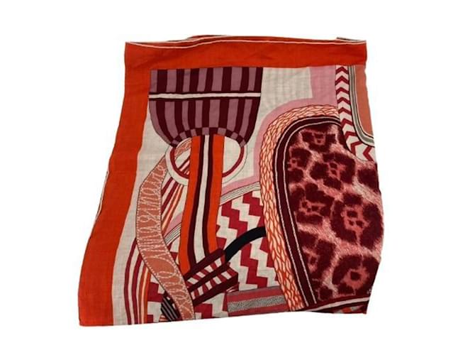Écharpe Hermès Carré Gean Cassisil 140 Fantaisie Selle Soie Cachemire Rouge Orange  ref.1946752