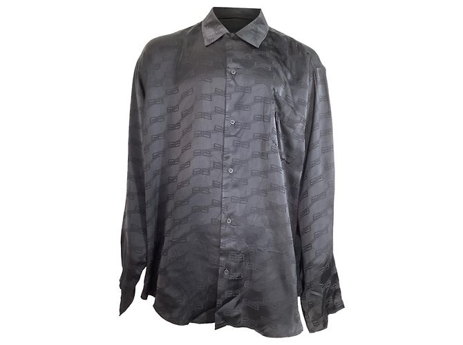 Camicia a maniche lunghe in seta nera con stampa logo BB di Balenciaga Nero