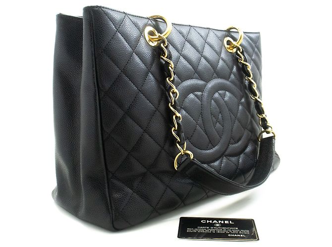 CHANEL Bolsa de compras GST 13" em couro de bezerro texturizado com corrente para ombro Preto