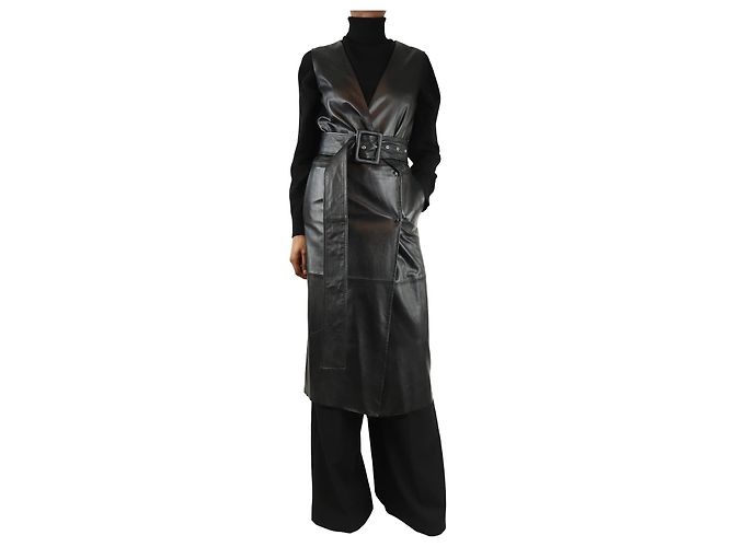 Sportmax Black sleeveless leather belted coat - size UK 4