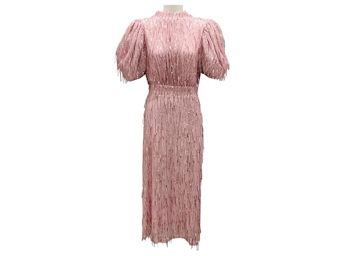 Autre Marque Rotate Birger Christensen Blossom Pink Puff-sleeve Sequin Fringed Dress Polyester  ref.1954119
