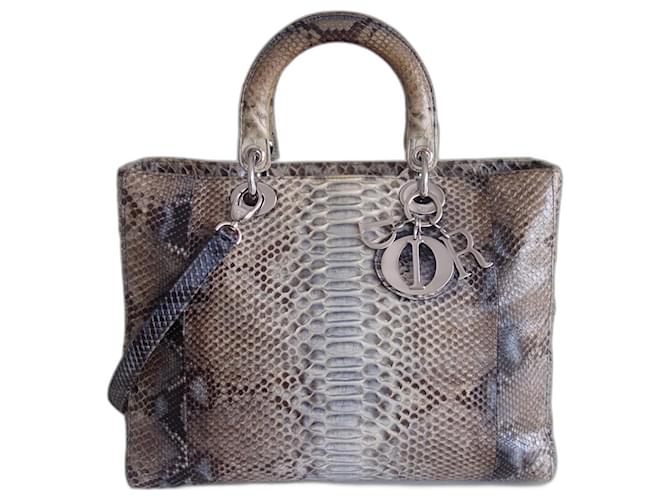 Lady Dior python large model bag Blue Beige Leather  ref.1955697