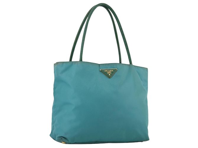 PRADA Borsa Tote Nylon Blu Oro Auth mr916 D'oro